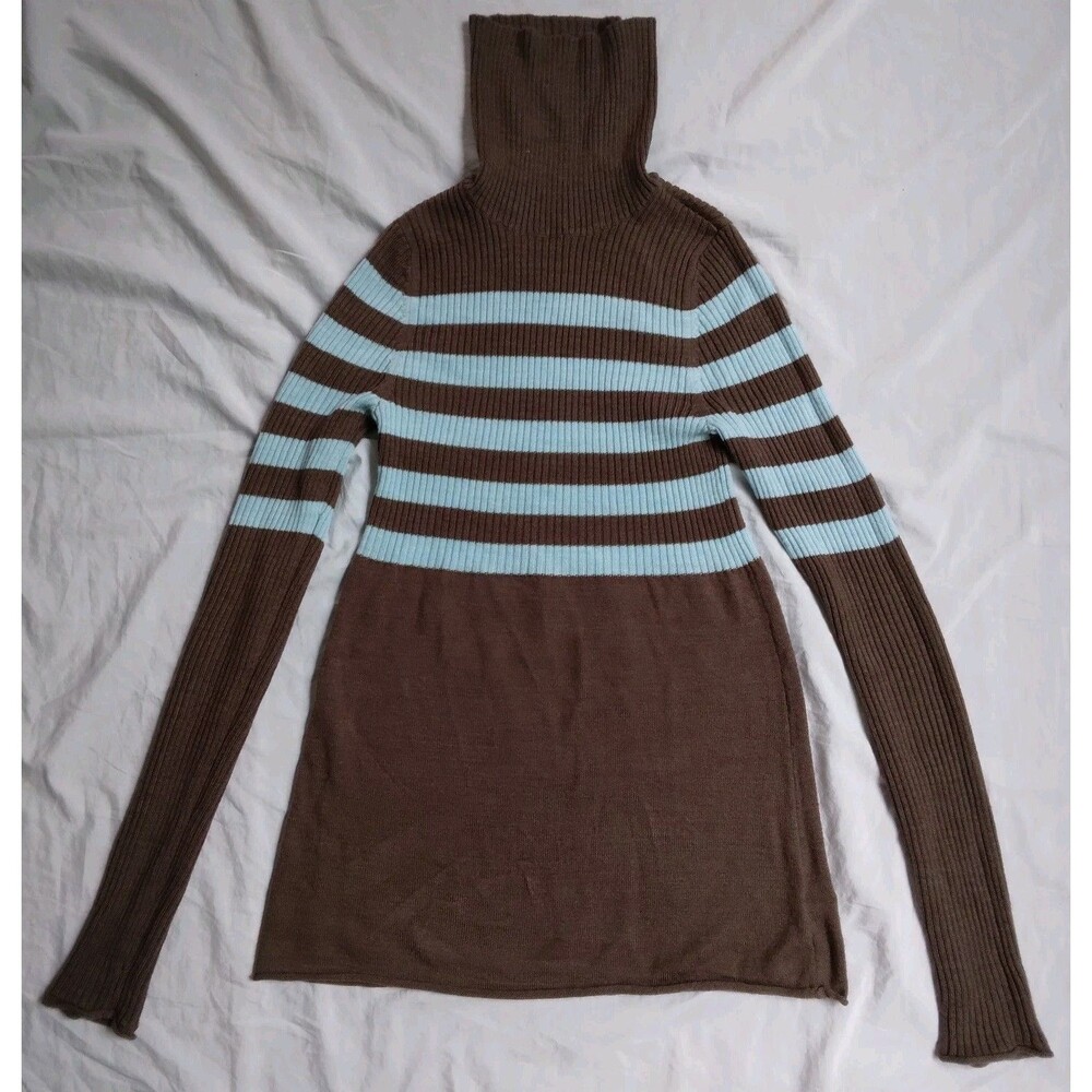 Y2K Aeropostale Babydoll Turtleneck Sweater Blue Brown Striped Ribbed Small